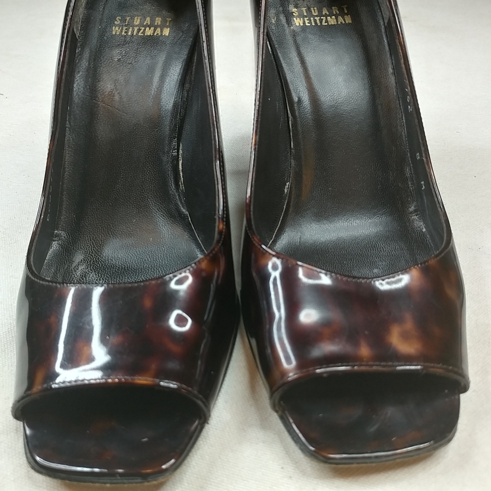 Stuart Weitzman Tortoiseshell Patent Leather Peep Toe Pumps
